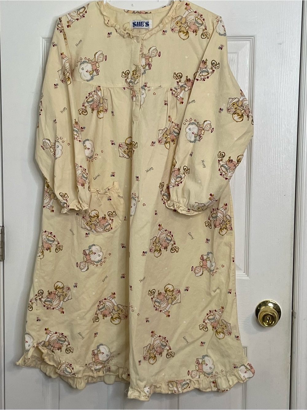 Vintage Cream Print Long Sleeve Button Down Ruffle Pockets Nightgown Size XS